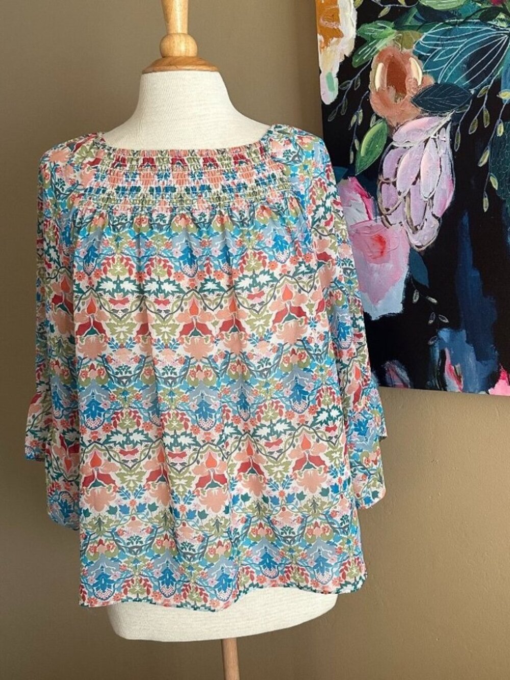 Zac & Rachel Petite Large Boho Floral Smocked Peasant Blouse Bell Sleeve